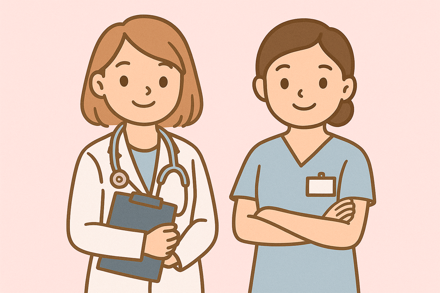 Pastelová ilustrace lékařky a sestry